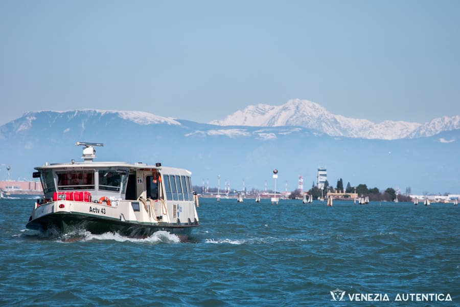 The only things you'll ever need to know to get to Venice, quick and easy - Venezia Autentica | Discover and Support the Authentic Venice A public water bus navigating in front of the fondamenta nuove on a clear day, with snowy dolomites in the background.