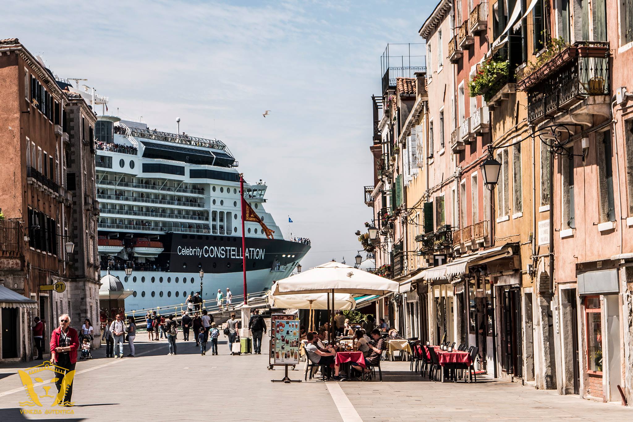 Cruise Ship seen from Via Garibaldi in Venice, Italy heading towards the Venice Cruise Terminal.