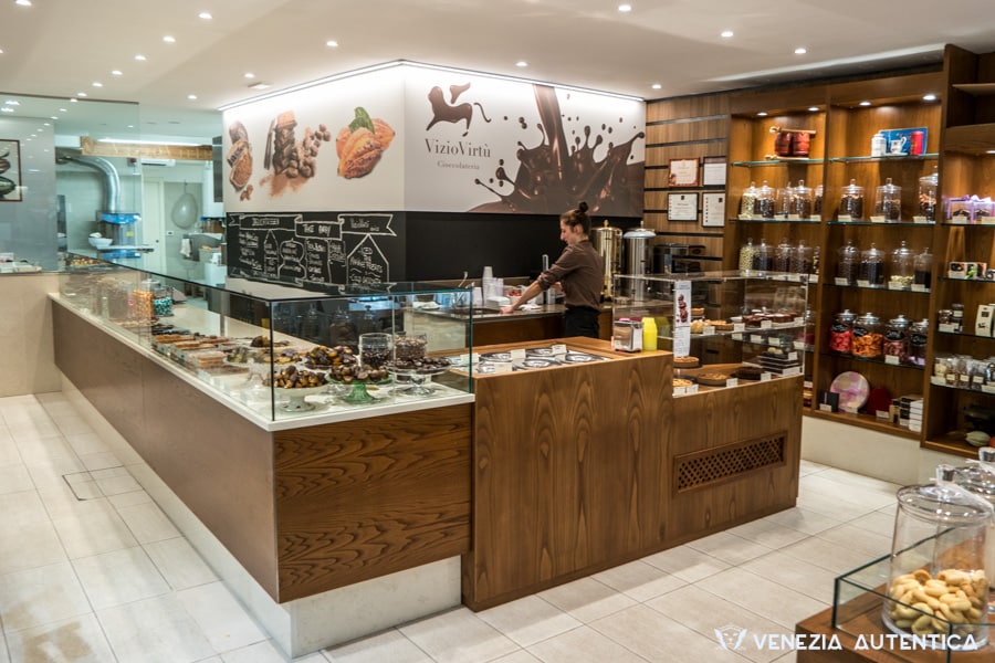 Inside of VizioVirtù Chocolate Shop in Venice, Italy. Artisanal production of chocolate