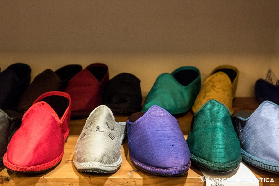 Different elegant and colourful Friulane shoe uppers at Piedaterre shoe shop in Venice, Italy