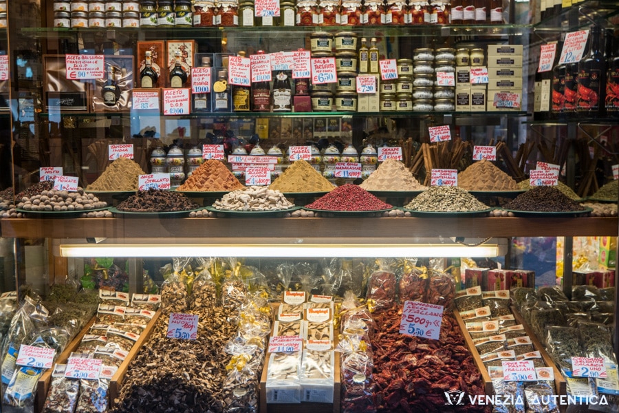 Spices, balsamic vinegar, creams, dried tomatoes, marmelades at Mascari spice and wine shop in Venice, Italy