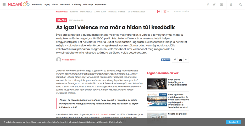 NLCAFE speaks about Venezia Autentica's work and mission - Az igazi Velence ma már a hídon túl ke_ - https___www.nlcafe.hu_utazas_20171 NLCAFE speaks about the struggle of the locals in Venice and features the work and mission of Venezia Autentica - Venezia Autentica | Discover and Support the Authentic Venice - The Hungarian newspaper NLCAFE' interviews Valeria Duflot and Sebastian Fagarazzi to better understand how life changed in Venice and the consequences mass