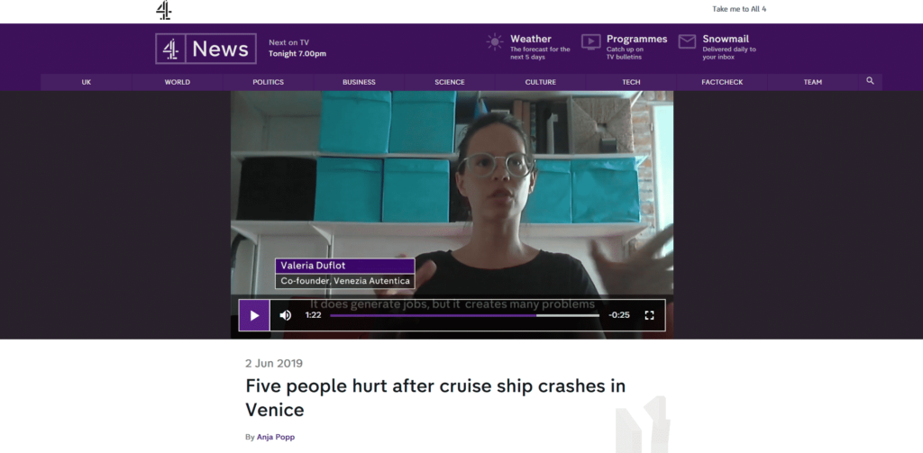 Channel 4 News Interviews Valeria Duflot About Cruise Ship Incident - Venezia Autentica | Discover and Support the Authentic Venice - In their TV coverage of the cruise ship accident in Venice, Channel 4 News asked for Valeria Duflot's insight on the complex debate regarding cruise ships.In